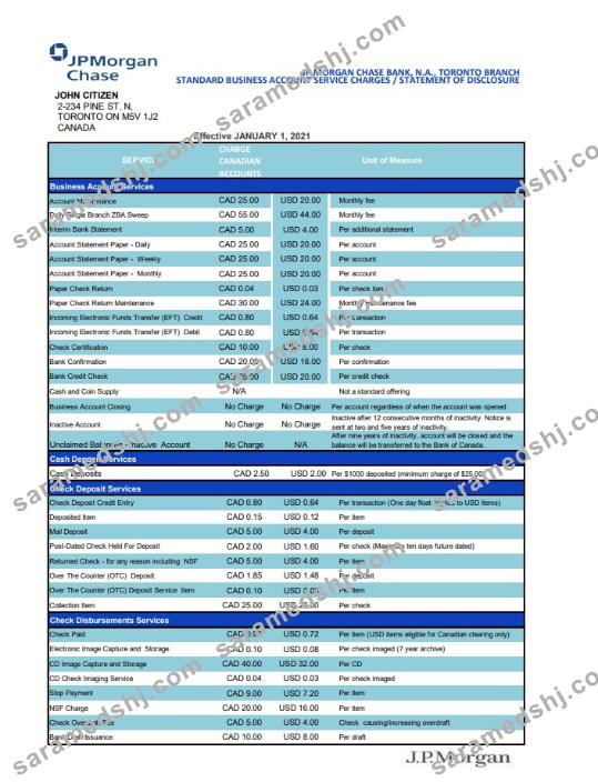 USA JP Morgan Chase bank statement template in .xls and .pdf file format